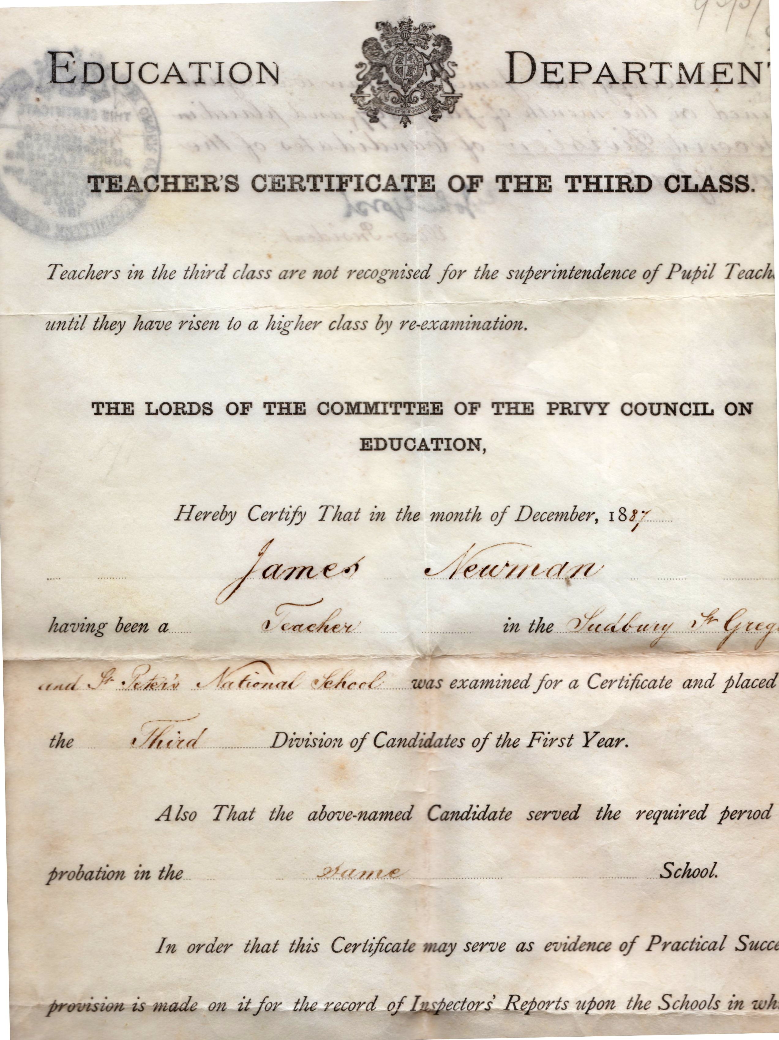 Image for Teacher's Certificate Of The Third Class. James Newman a Teacher in the Sudbury, St Gregory and St. Peter's National School