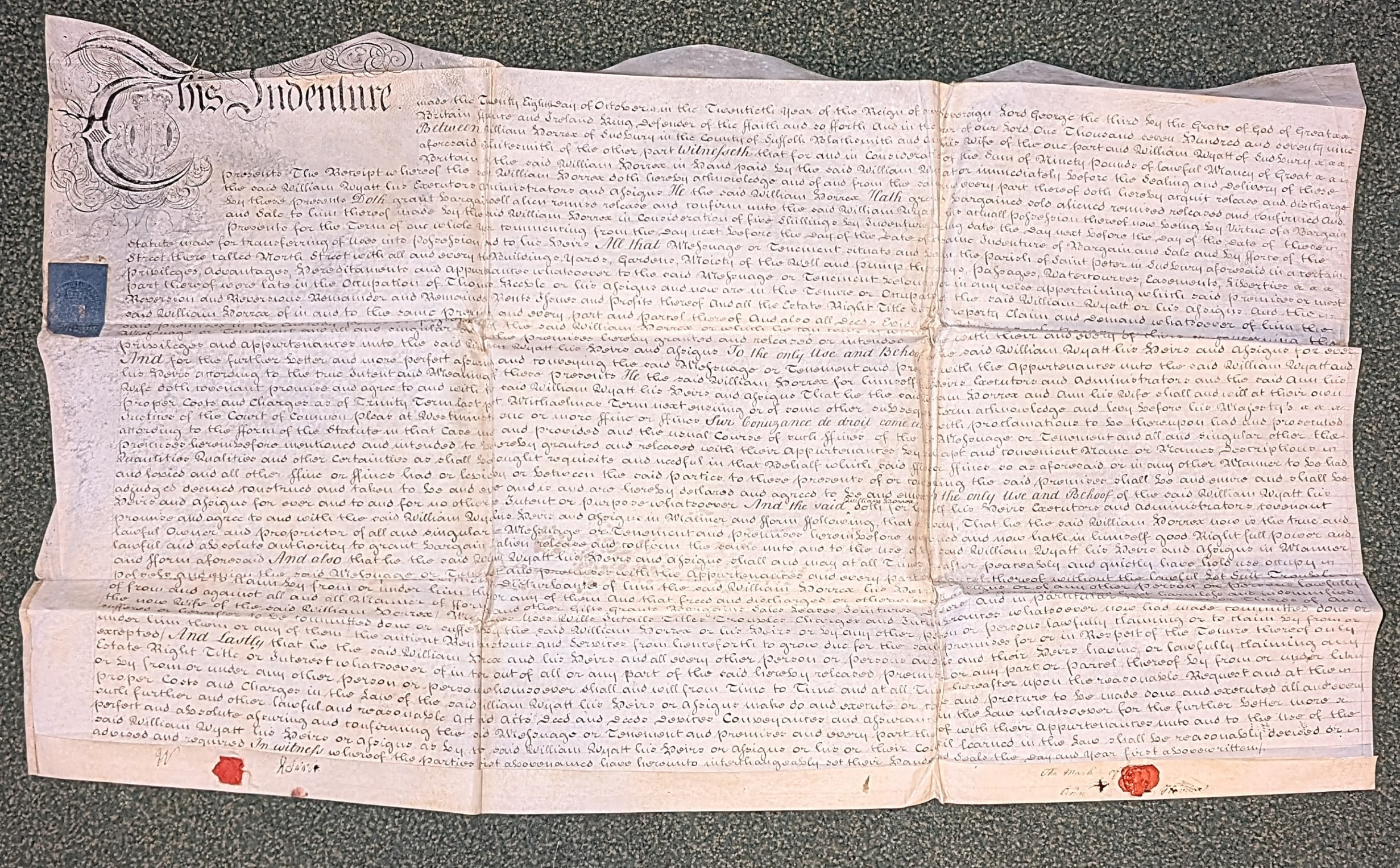 Image for Vellum Indenture William Horrex & William Wyatt of Sudbury, Suffolk. Vellum Indenture William Horrex & William Wyatt of Sudbury, Suffolk.