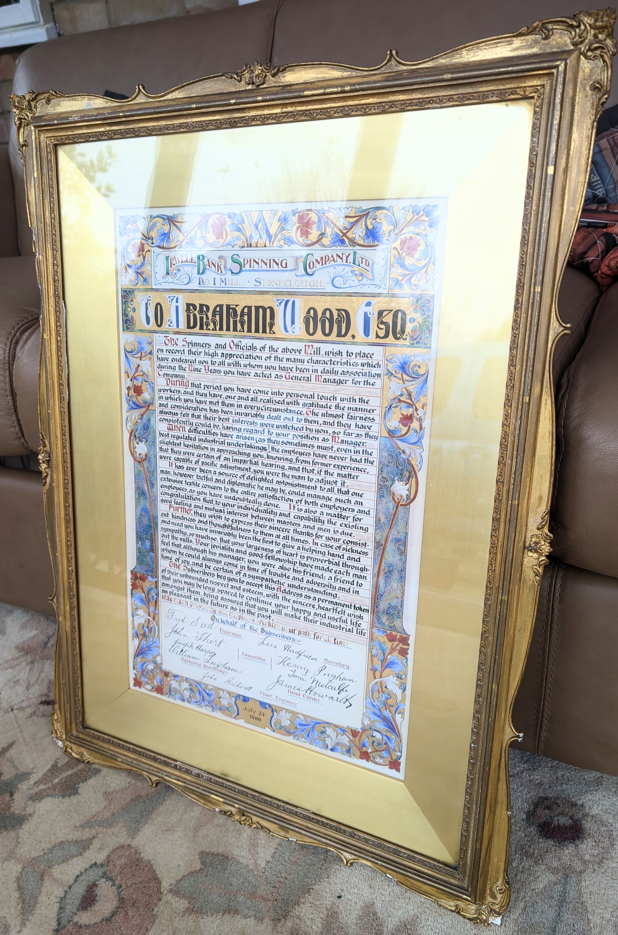 Irwell Bank Spinning Company Ltd 'To Abraham Wood Esq' an illuminated presentation manuscript,