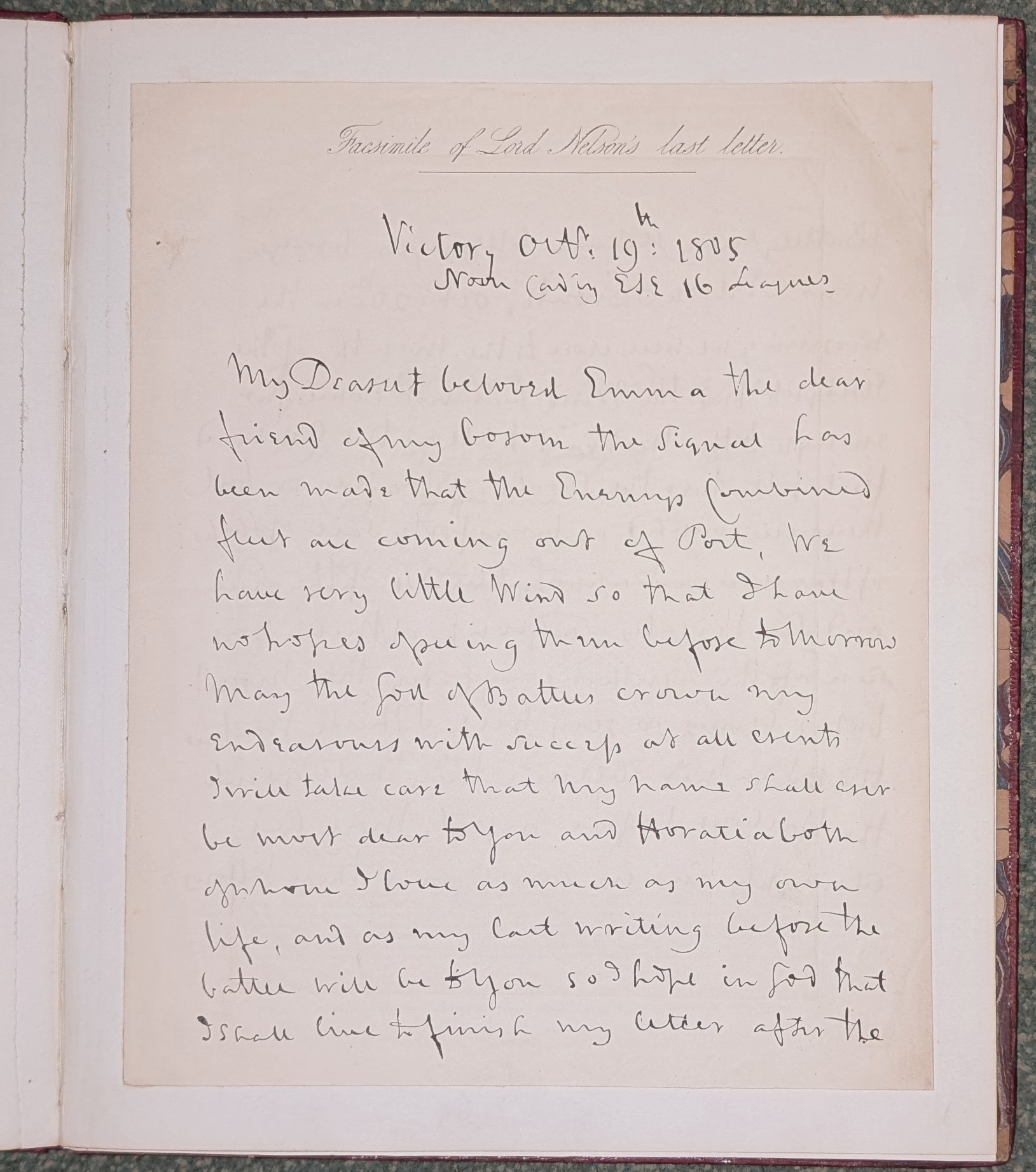 Horatio, Viscount Nelson, and Emma, Lady Hamilton, written two days before the Battle of Traflagar, 1805; facsimile of manuscript.