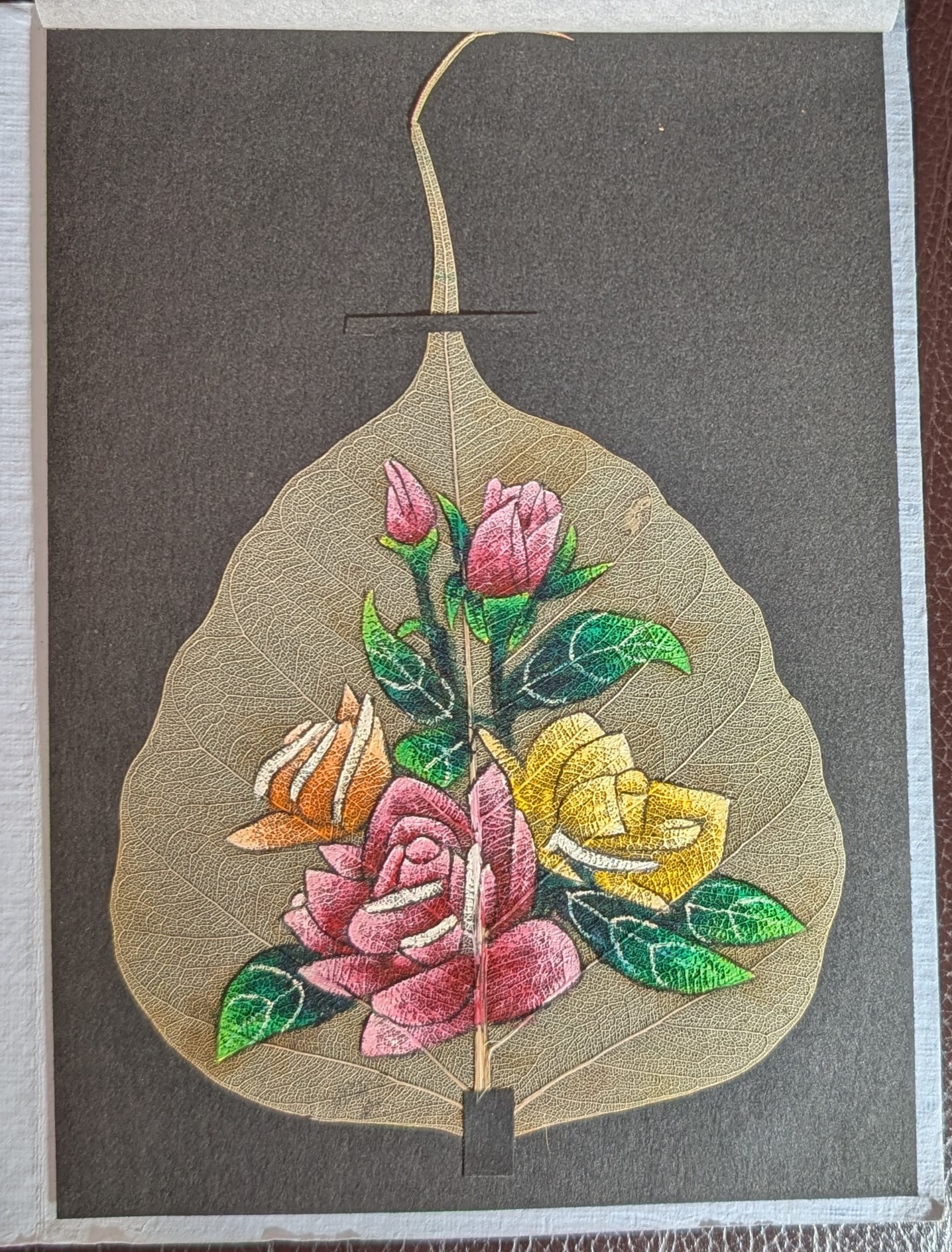 Image for Hand-painted image of Flowers on a Peepal Leaf . Hand-painted image of Flowers on a Peepal Leaf .