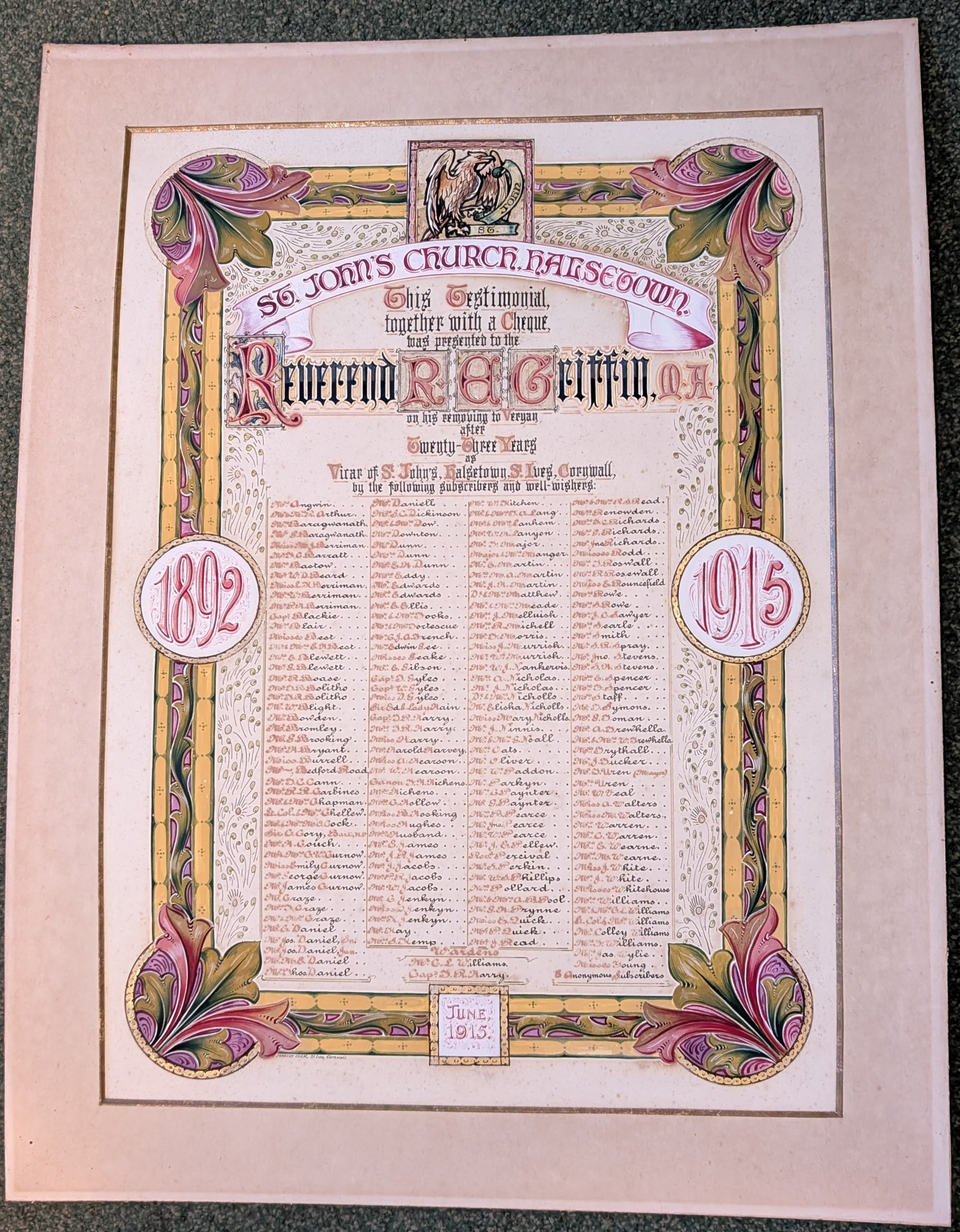 Illuminated address dedicated to Rev. R. G. Griffin, St. John's Haseltown, for 23 years of service