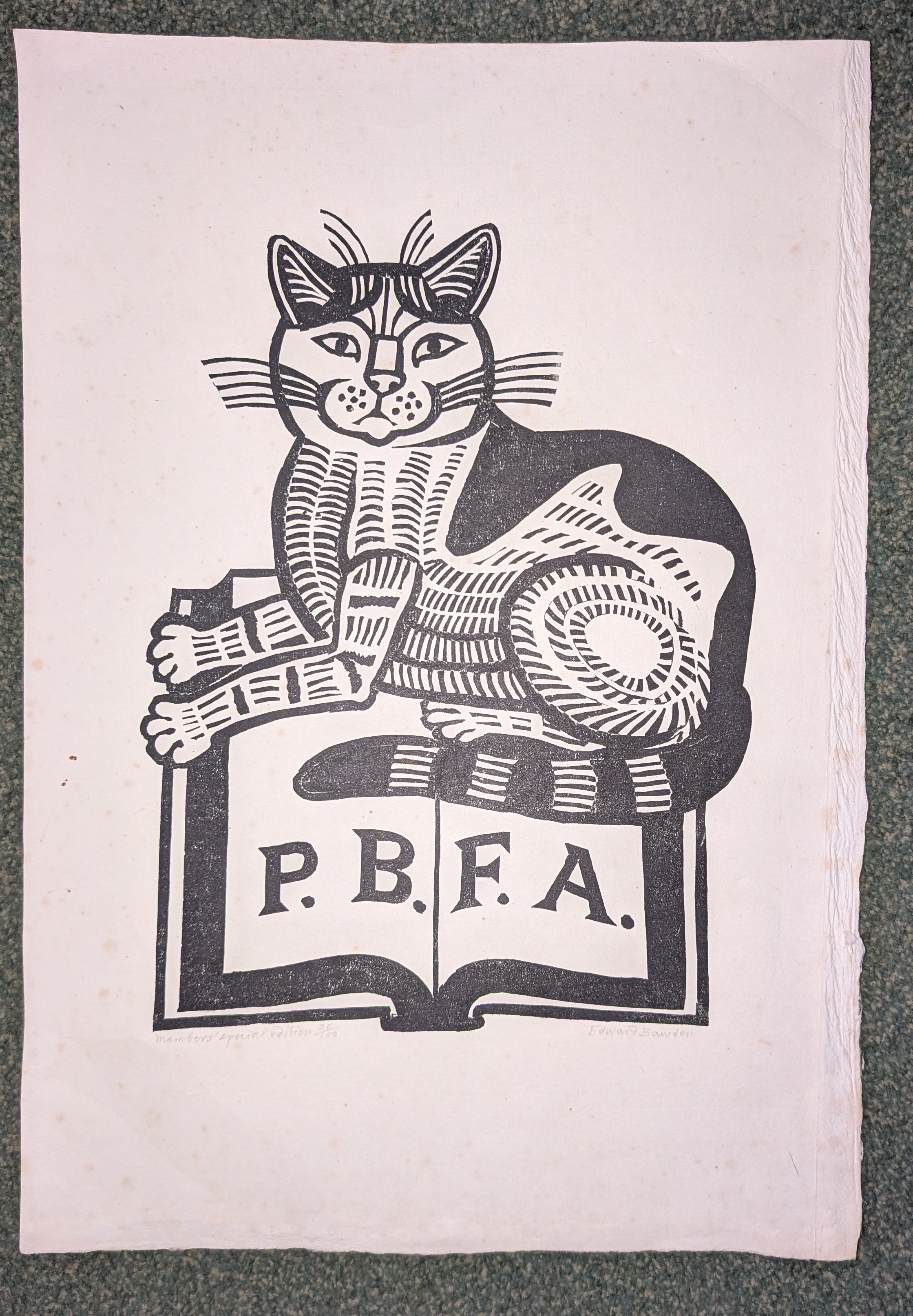 Image for Signed linocut - P.B.F.A. 'Provincial Booksellers Fairs Association' logo, Signed linocut - P.B.F.A. 'Provincial Booksellers Fairs Association' logo,